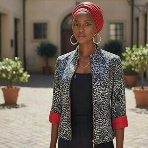 CHICOS Red Owl Lined Moto Jacket 0 Small Wearable Art Statement Zip Work Office